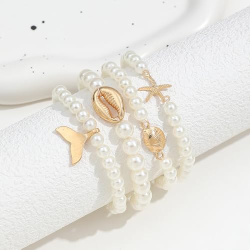 Pearl Bracelets for Women Simulated Pearl Beaded Bracelet White Pearls Stackable Stretch Bracelet Set Multilayered Elastic Pearls Bracelets for Women Bridesmaid Bridal Jewelry - color: gold starfish