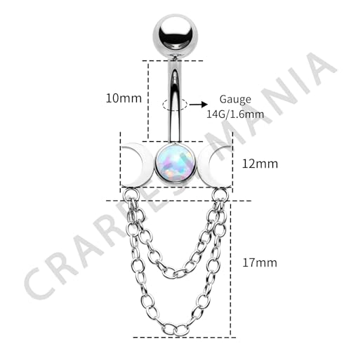 Moon Phase Belly Button Rings Double Chain Belly Rings 316L Stainless Steel Belly Button Piercing Jewelry 14Gauge Belly Ring for Women - color: Opal