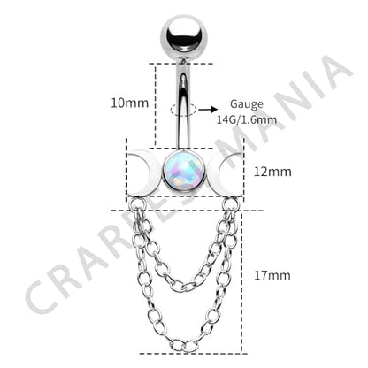 Moon Phase Belly Button Rings Double Chain Belly Rings 316L Stainless Steel Belly Button Piercing Jewelry 14Gauge Belly Ring for Women - color: Opal