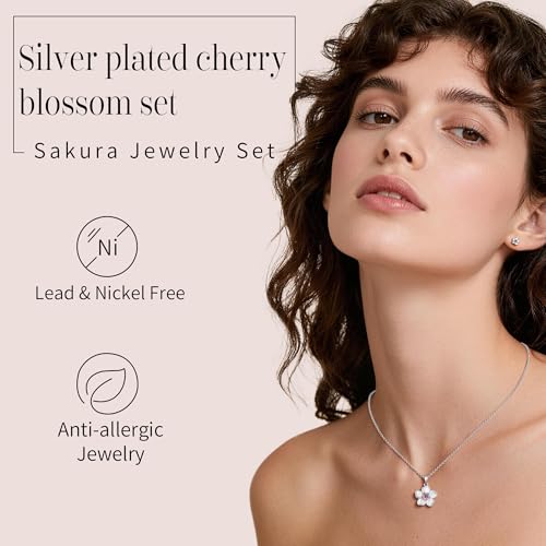 Flower Necklace Earrings Set for Women 14K Gold Plated Hypoallergenic Sets Pair with Different Birthstones for Wedding Party Bridal Bridesmaid Accessories Teacher Valentine Gifts - color: Silver