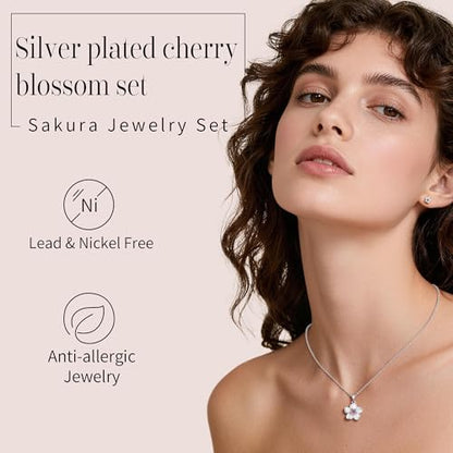 Flower Necklace Earrings Set for Women 14K Gold Plated Hypoallergenic Sets Pair with Different Birthstones for Wedding Party Bridal Bridesmaid Accessories Teacher Valentine Gifts - color: Silver