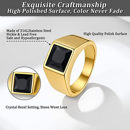 Bestyle Stainless Steel Men Signet Ring-Black/Blue Gemstone Band Ring-Classic Simple Thick Men Ring Size 7-14 - color: 01. 8MM Black Zircon - Gold
