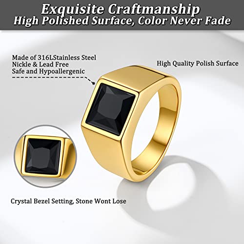 Bestyle Stainless Steel Men Signet Ring-Black/Blue Gemstone Band Ring-Classic Simple Thick Men Ring Size 7-14 - color: 01. 8MM Black Zircon - Gold