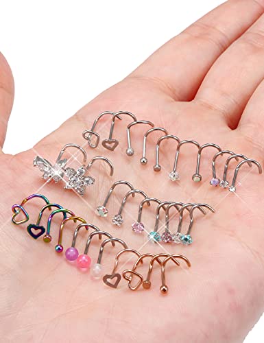 Prjndjw 20G 18G Nose Rings Studs Surgical Steel Nose Stud Glow Dark Heart Opal CZ Flower Nose Piercing Jewelry Nose Rings for Women Straight Screw L Shaped Nose Rings Hypoallergenic Nose Piercing Kit - color: 20G-Twisted nose rings