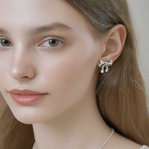 Jean Beau Chunky Gold Stud Earrings for Women Trendy Gold Plated Dangle Drop Prom Birthday Fashion Office Jewelry Gift - color: Silver Bow