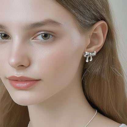 Jean Beau Chunky Gold Stud Earrings for Women Trendy Gold Plated Dangle Drop Prom Birthday Fashion Office Jewelry Gift - color: Silver Bow
