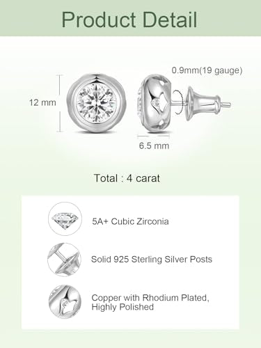0.6-4 Carat 5A Cubic Zirconia/Simulated Emerald Sparkle Stud Earrings for Women, Hypoallergenic 925 Sterling Silver Posts, Anniversary Birthday Valentines Mothers Day Jewelry Gift - color: White Gold, size: 4.00 Carat (2.00ct * 2)