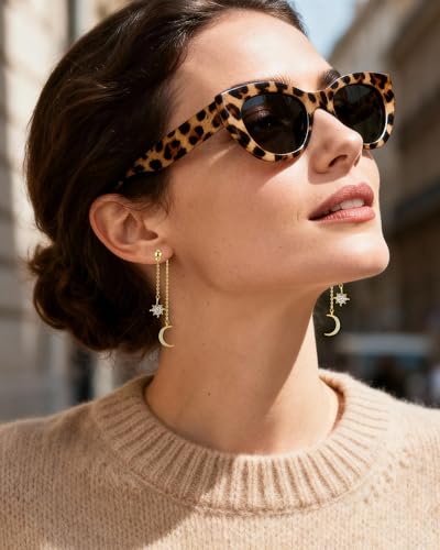 Moon and Star Dangle Earrings | Chain Tassel with Cubic Zirconia Drop Front and Back Earrings Celestial Jewelry for Wedding Gift - color: Gold