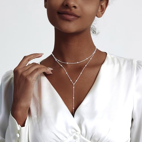 Zeffy Lariat Gold Necklace for Women, Dainty Long Necklace 14k Gold/Silver Plated Layered CZ Beaded Bar Chain Y-Shaped Body Chain Stack Drop Wedding Necklace Trendy Simple Gold Jewelry Gifts - color: Silver Y Bead Necklace (1PCS)