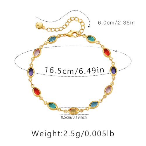 Dainty Gold Bracelets for Women, 18 Gold Plated Adjustable Evil Eye/Butterfly/Beaded/Pearl/Heart/Turquoise Handmade Bracelet for Women - style: oval colorful cubic zirconia