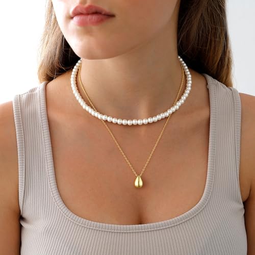 Dainty Pearl Pendant Necklaces for Women 14K Gold Plated Handmade Layered Pearl Chain Necklace Delicate Layered Pearl Necklace Everyday Jewelry Gift - color: pearl choker