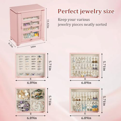 Large Jewelry Box & Organizer for Women, Wooden Jewelry Storage with 4 Transparent Drawers, Holds Necklaces, Rings, Bracelets, Earrings and Watches(Pink) - color: Pink
