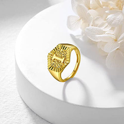 U7 Initial Ring Wedding Band for Men Women 18K Gold Plated Statement Hexagon A-Z Letter Jewelry Personalized Stackable Signet Rings - color: I