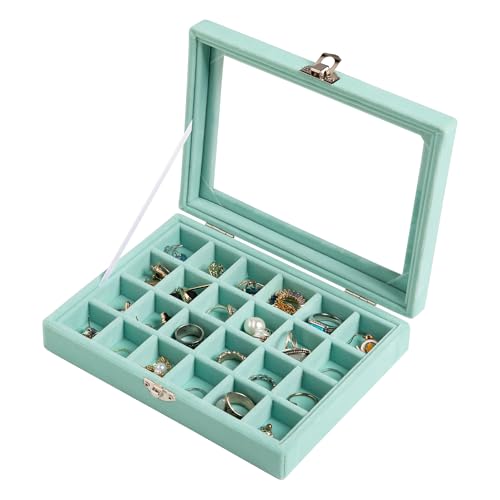 Frebeauty 24 Grid Earring Organizer,Small Velvet Jewelry Tray with Lid | Portable Jewelry Box for Rings Stud,Velvet Lining for Protecting Jewelry,Adjustable Dividers,Glass Lid for Clear Review - color: Turquoise