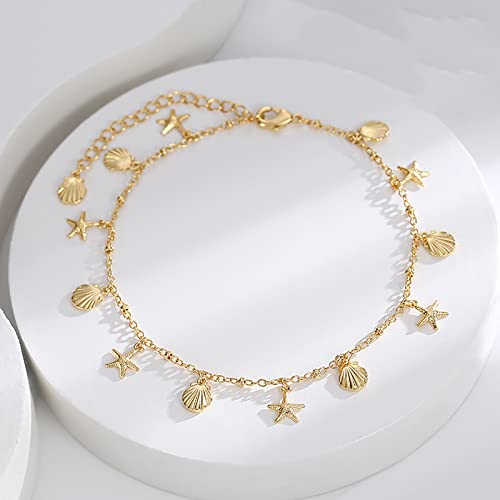 Lit Wall Gold Anklets for Women 18K Gold Plated Adjustable Summer Simple Foot Jewelry Ankle Bracelet for Women - style: Shell and Starfish