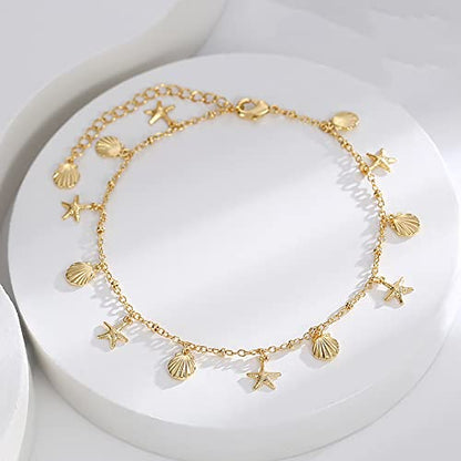 Lit Wall Gold Anklets for Women 18K Gold Plated Adjustable Summer Simple Foot Jewelry Ankle Bracelet for Women - style: Shell and Starfish