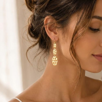 Gold Dangle Earrings for Women,Chunky 14K Gold Plated Drop Dangle Stud Earrings Long Statement Hammered Earring Hypoallergenic Jewelry for Women Gifts - style: Simple Hammered-GD