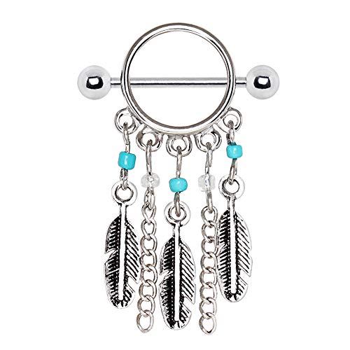 316L Surgical Steel Turquoise Beads Feather Dangle Nipple Shield