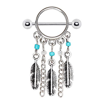 316L Surgical Steel Turquoise Beads Feather Dangle Nipple Shield
