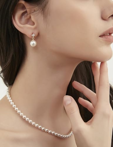 Mameloly Pearl Drop Earrings 925 Sterling Silver CZ 10MM Simulated Pearl Earrings for Women Dangle Trendy Jewelry for Women Hypoallergenic - color: Gold CZ