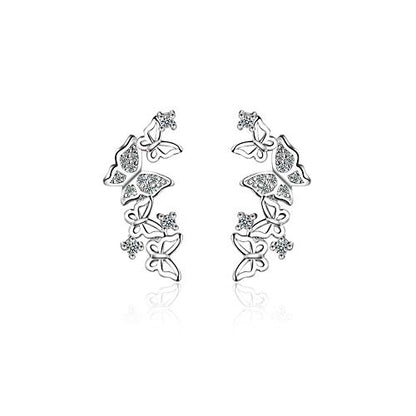 Hollow Butterfly CZ Cuff Wrap Studs Earrings for Women Pierced Ear Sterling Silver Plated Fashion Cubic Zirconia Crawler Climber Hypoallergenic