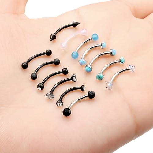 16g 8/10mm Silver/Black/Rose-Gold/Rainbow Eyebrow Piercing Jewelry Rings Curved Barbell Vertical Labret Lip Surgical Steel Small Belly Button Snake Eyes Tongue Rook Earrings for Women Men - color: Black / Blue, size: 16g*10mm*3mm