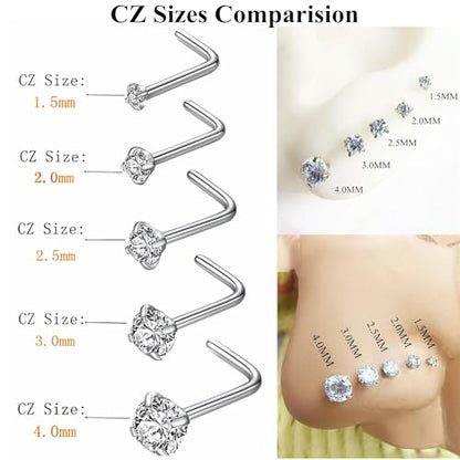 20G Nose Rings Hoops Studs, Stainless Steel Round CZ L Shaped Nose Screw Straight Studs, Hypoallergenic Diamond Double Nose Hoops, Clear Nose Rings For Women Men Nostril Piercing Jewelry - color: 20Pcs