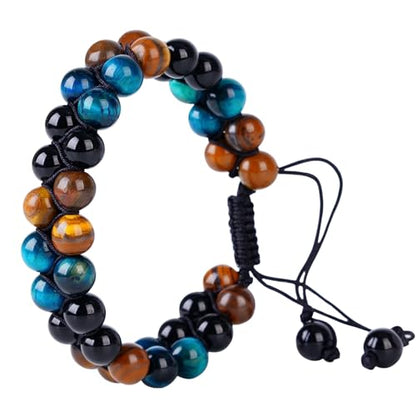 Triple Protection Bracelet,Bracelets for Men Women, Natural Tiger Eye Jewelry Stone Hematite and Blue Stone Hematite 8mm Crystal Bracelet - Adjustable Size with Premium Gift-Box - color: Black-Brown-Blue