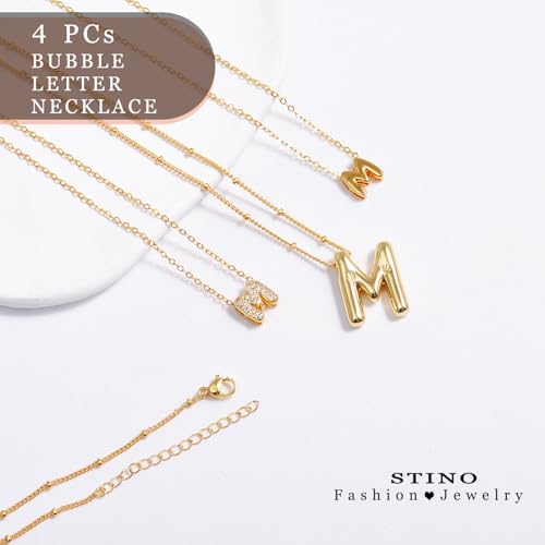 stino 4PCs Bubble Initial Letter Necklace Set, No Tarnish 14K Gold Plated Alphabet Pendant, Jewelry for Women - style: M
