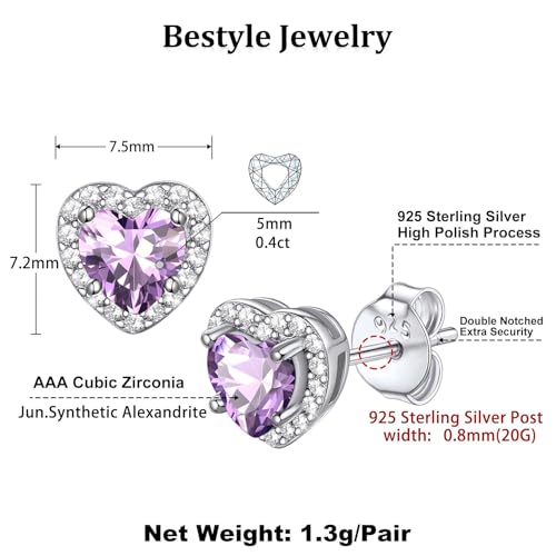 Bestyle Sparkling 925 Sterling Silver Birthstone Stud Earrings for Women, Heart/Round/Teardrop/Square Solitaire Diamond Studs Earrings, Great Birthday/Christmas Gifts - style: 06. Purple Alexandrite-June-heart
