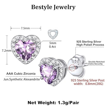 Bestyle Sparkling 925 Sterling Silver Birthstone Stud Earrings for Women, Heart/Round/Teardrop/Square Solitaire Diamond Studs Earrings, Great Birthday/Christmas Gifts - style: 06. Purple Alexandrite-June-heart