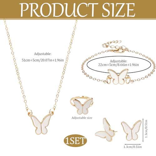 Butterfly Jewelry Set, Including Butterfly Necklace, Bracelet, Stud Earrings, and Adjustable Ring for Women - color: White