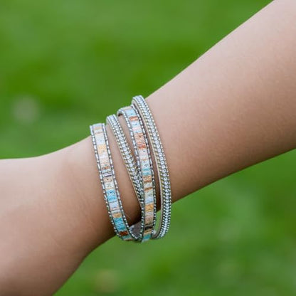 Boho Double Wrap Leather Bracelets Stackable Layered Western Hippie Jewelry | Colorful Stacked Bohemian Statement Chunky Magnetic Clasp Cuff Bangles Cowgirl Country Summer Beach Outfits for Women Trendy - color: Beige