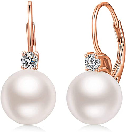 925 Sterling Silver Pearl Leverback Earrings for Women Cubic Zirconia Pearl Jewelry 10MM - color: A: Leverback-Rose Color