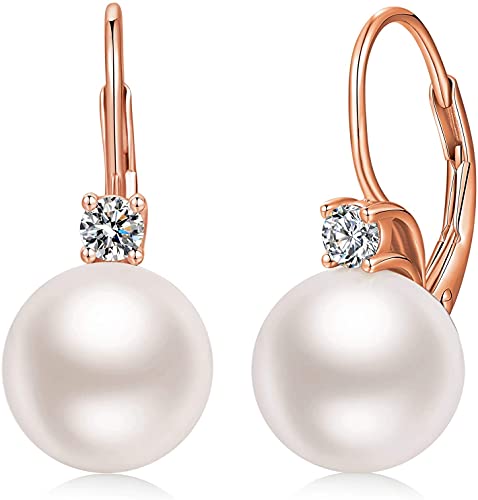 925 Sterling Silver Pearl Leverback Earrings for Women Cubic Zirconia Pearl Jewelry 10MM - color: A: Leverback-Rose Color