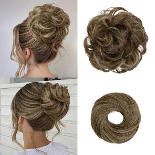 2PCS Messy Bun Hair Pieces Synthetic Hairpieces For Women | Messy Bun and Donut Bun in one set for natural-looking volume and elegant updos for every occasion. - color: Light Brown with Blonde Highlights