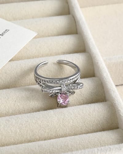 Silver Cubic Zirconia Bow with Pink Crystal Open Ring Cute Stacking Adjustable Rings for Women Mother's Day