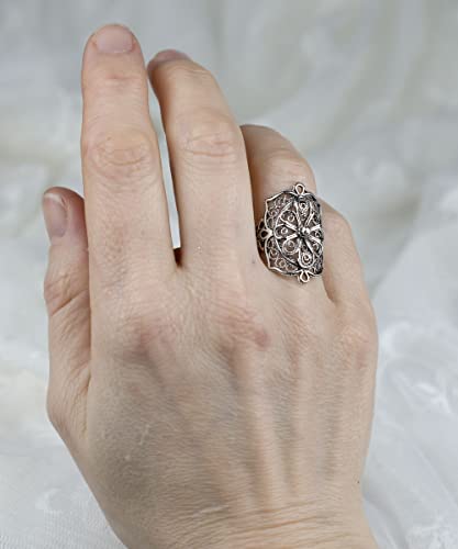 Filigranist 925 Sterling Silver Artisan Made Handcrafted Lace Embroidery Filigree Art Women Cocktail Statement Ring - style: Bold