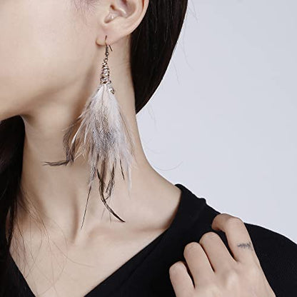 Bohemian Pheasant Peacock Long Feathers Statement Earrings Handmade Natural Lightweight Feather Dangle Earrings for Women (ea000071) - color: Ribbon-like