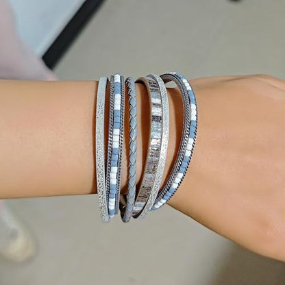 ZMANYIJEW Leather Wrap Bracelets for Women,Boho Cuff Bracelets Multi-Layer Crystal Beads Cuff Bracelet Multilayered Leopard Leather Braided Bangle Wrist Cuff Bangles - style: grey