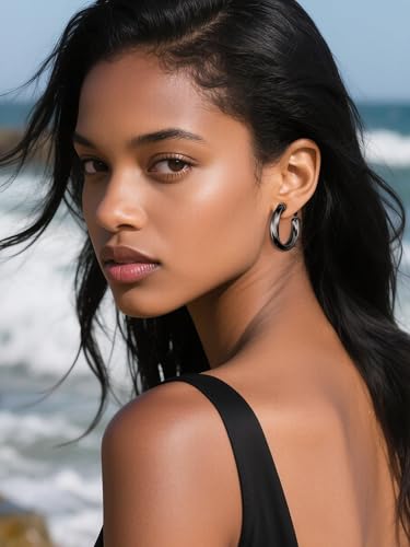 PROSTEEL Chunky Hoop Earrings for Women 14K Gold Plated/Black/Silver | 20/30/40/50/60/70/80mm Stainless Steel Thick Big Round Hoop with Waterproof and Non Tarnish Trendy Jewelry with Gift Box - color: 4. Black, size: 30MM