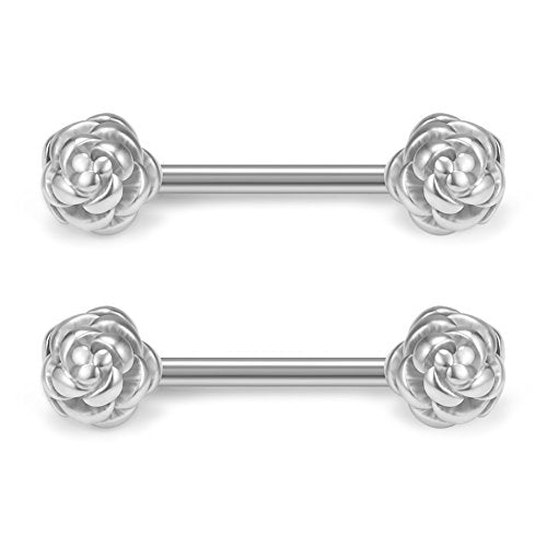 316L Stainless Steel Vintga Flower Rose Nipple Shield Barbell Ring Bar Body Piercing 14G 2-12PCS - color: 2pcs - Silver
