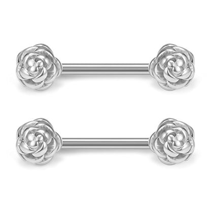 316L Stainless Steel Vintga Flower Rose Nipple Shield Barbell Ring Bar Body Piercing 14G 2-12PCS - color: 2pcs - Silver