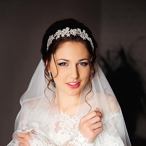 Wedding Headband Crystal Bridal Headdress Flower Design Headpiece For Women (Silver)