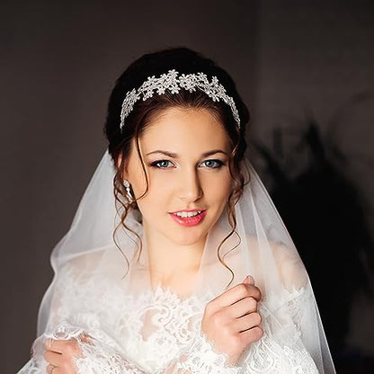 Wedding Headband Crystal Bridal Headdress Flower Design Headpiece For Women (Silver)