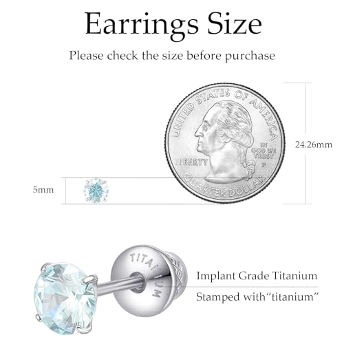 Limerencia Birthstone Screw Back Earrings G23 Implant Grade Titanium Stud Earrings Hypoallergenic Cubic Zirconia Posts Studs Jewelry Gifts for Girls Sensitive Ears - color: March