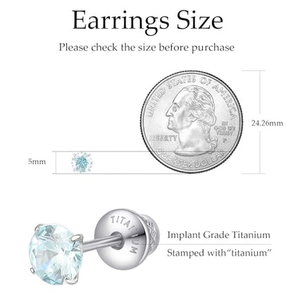 Limerencia Birthstone Screw Back Earrings G23 Implant Grade Titanium Stud Earrings Hypoallergenic Cubic Zirconia Posts Studs Jewelry Gifts for Girls Sensitive Ears - color: March
