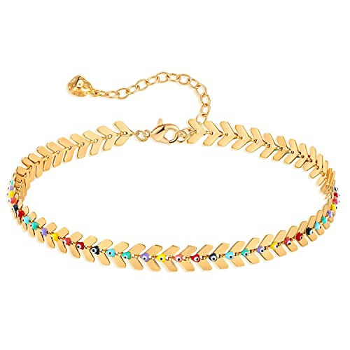 MEVECCO Anklet for Women Gold Chain 14K Gold Plated Dainty Boho Beach Summer Simple Foot Jewelry Ankle Bracelet - style: Evil Eye & Leaf