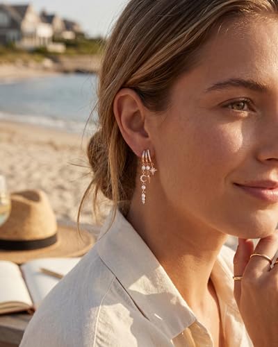 Gold Earrings for Women Trendy 14K Gold Plated Dangle Earrings Small Hoop Huggie Drop Stud Earrings Cubic Zirconia Simple Minimalist Dainty Chain Tassel Hypoallergenic Earrings - color: Celestial & Rose Gold