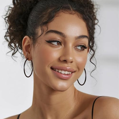 Gold Hoop Earrings for Women 14K Gold Plated | 925 Sterling Silver Post Hypoallergenic Hoop Earrings - color: Black, size: 30-40-50mm